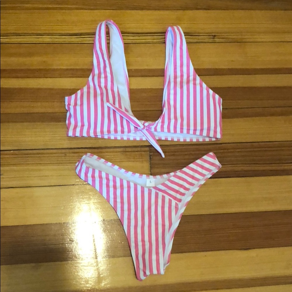 Knot front striped bikini set
